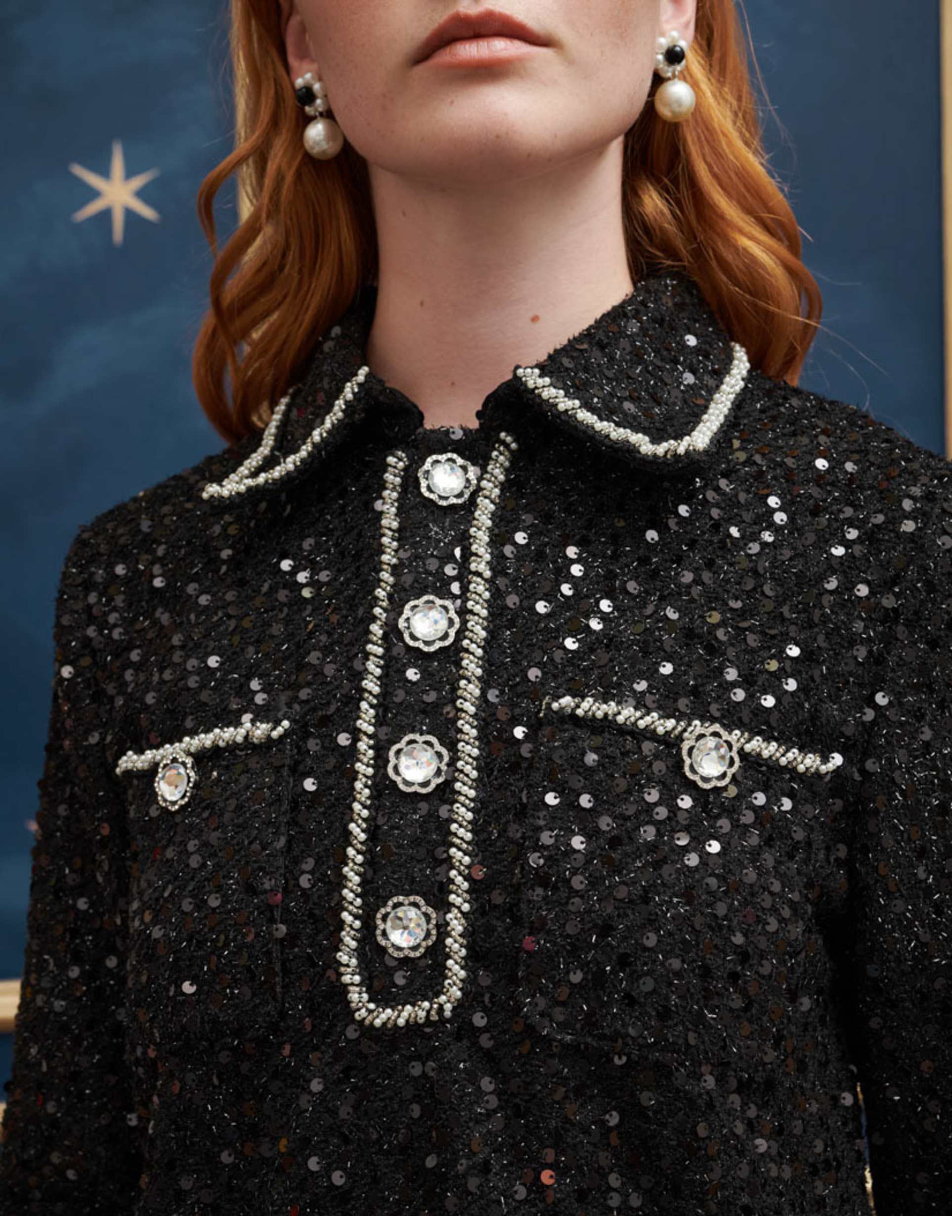 sister jane sequin tweed mini dress with pockets in black