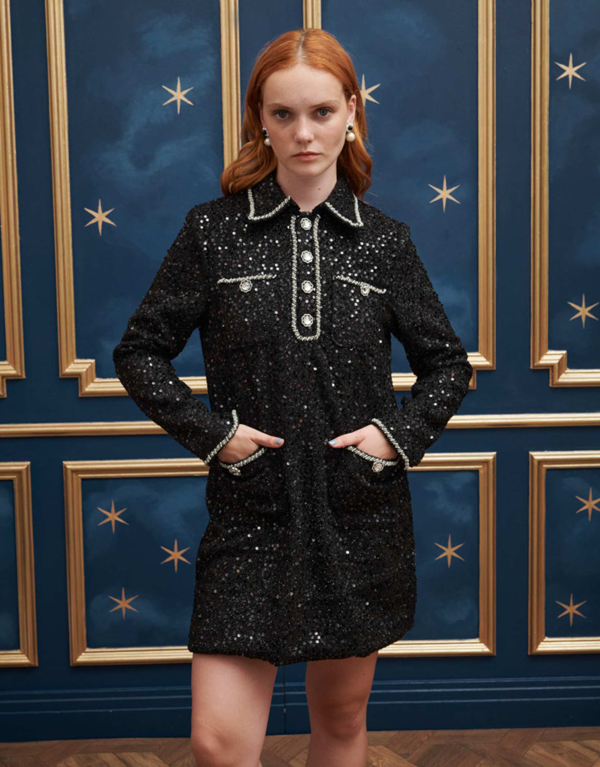 sister jane sequin tweed mini dress with pockets in black
