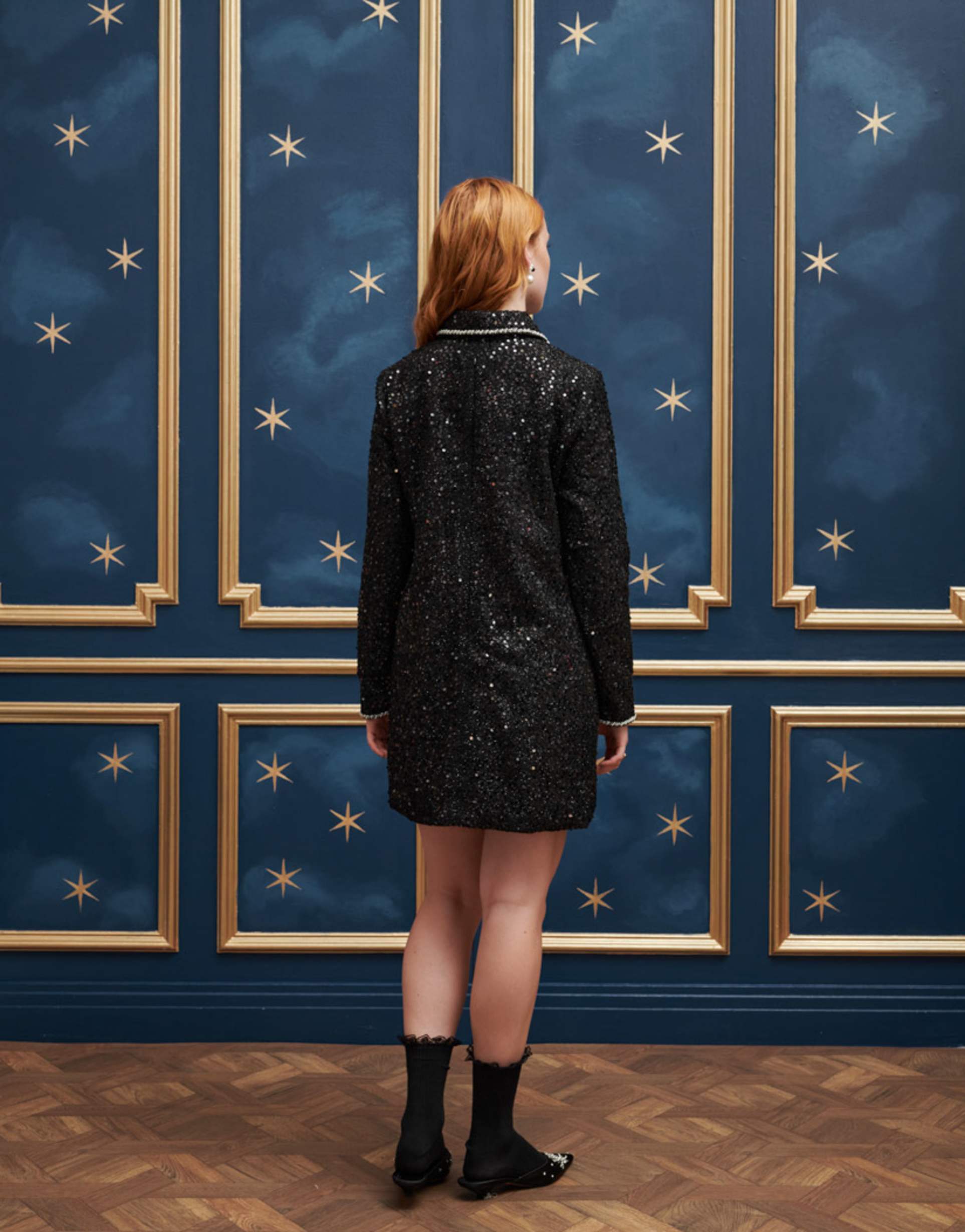 sister jane sequin tweed mini dress with pockets in black