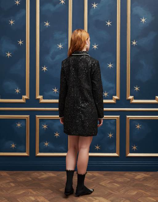 Sister Jane sequin tweed mini dress with pockets in black | ASOS