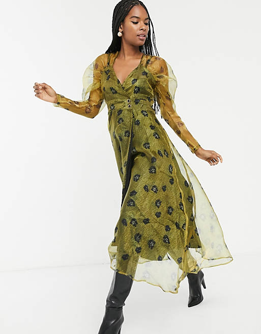 Sister Jane sheer layered midi dress in floral spot with volume sleeves