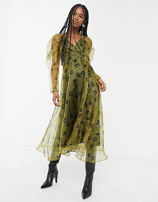 Sister Jane sheer layered midi dress in floral spot with volume sleeves