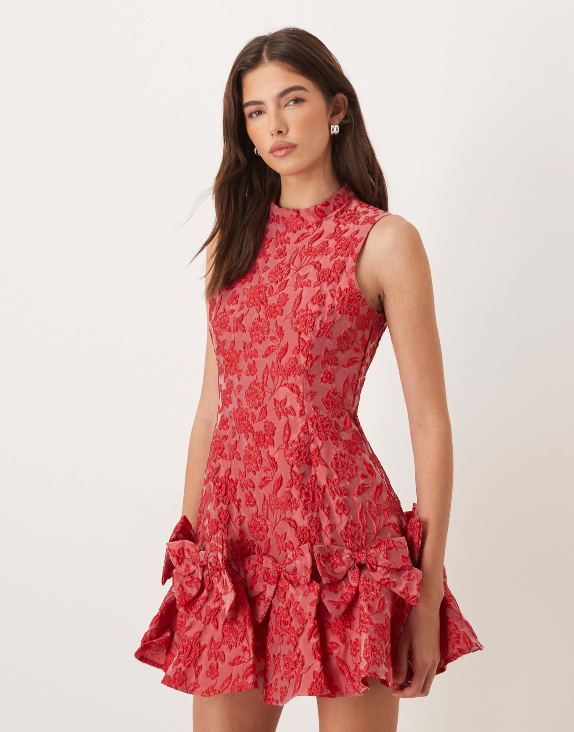 sister jane shimmy exclusive jacquard sleeveless cinched waist bow hem mini dress in red
