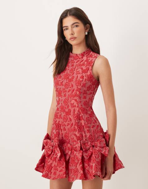 Sister Jane Shimmy exclusive jacquard sleeveless cinched waist bow hem mini dress in red