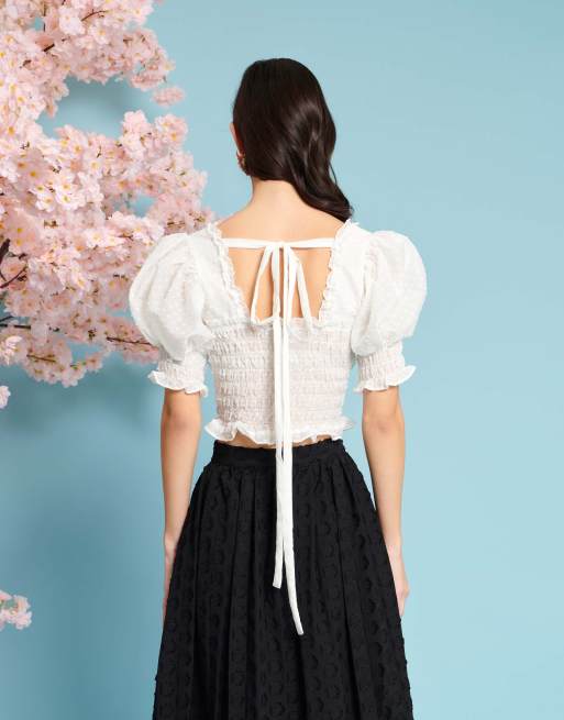 Sister Jane shirred bow crop top in ivory | ASOS