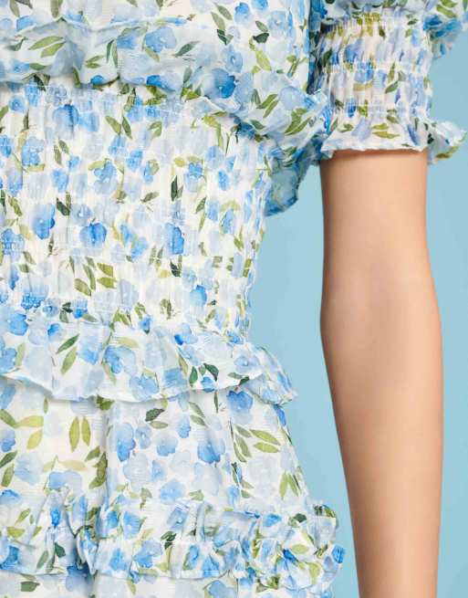 Sister Jane shirred floral midaxi dress in blue | ASOS