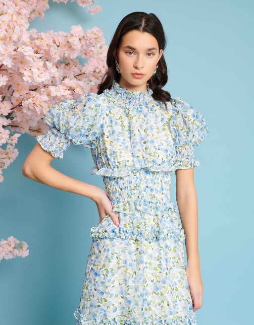 【sister jane】バレエ フローラル ミディドレス Sister Jane shirred floral midaxi dress in blue | ASOS