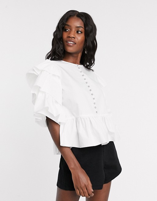Sister Jane shirt with tiered sleeves and diamante button detail in cotton