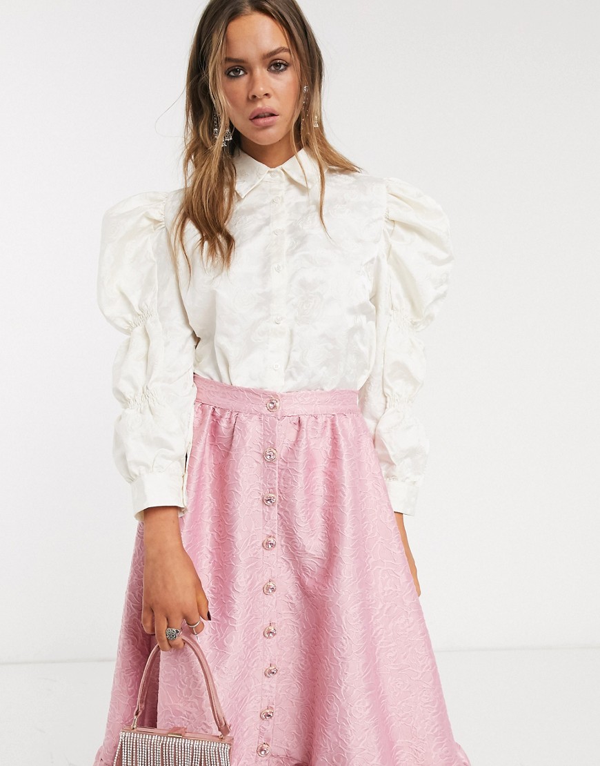Sister Jane shirt with volume sleeves in textured jacquard-White