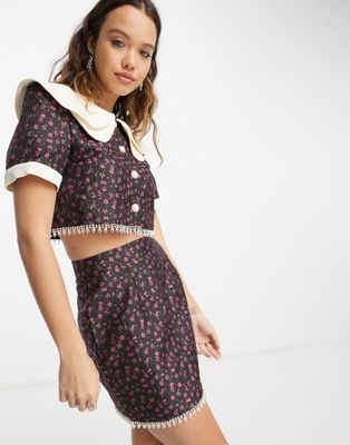 Sister Jane short sleeve cropped blouse with embellished trim in dark floral co-ord - ASOS Price Checker