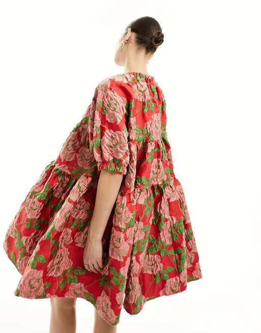 Sister Jane Showcase jacquard mini dress in red floral, 3 of 4