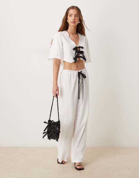 Sister Jane contrast bow broderie wide leg trousers co-ord in ivory
