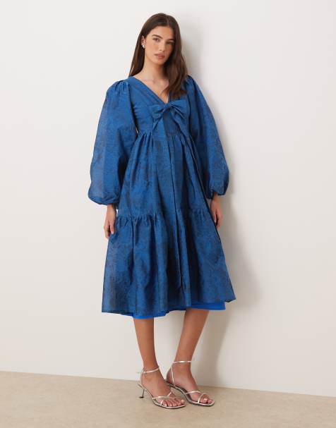 Sister Jane Sunrise exclusive jacquard balloon sleeve v neck bow detail midi dress in blue