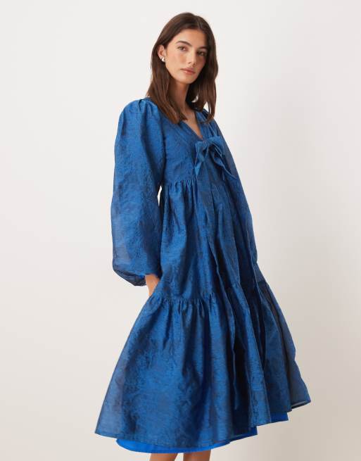 Sister Jane Sunrise exclusive jacquard balloon sleeve v-neck bow detail  midi dress in blue