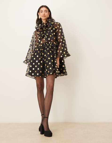 Sister Jane Swing gold polka dot organza mini dress in black
