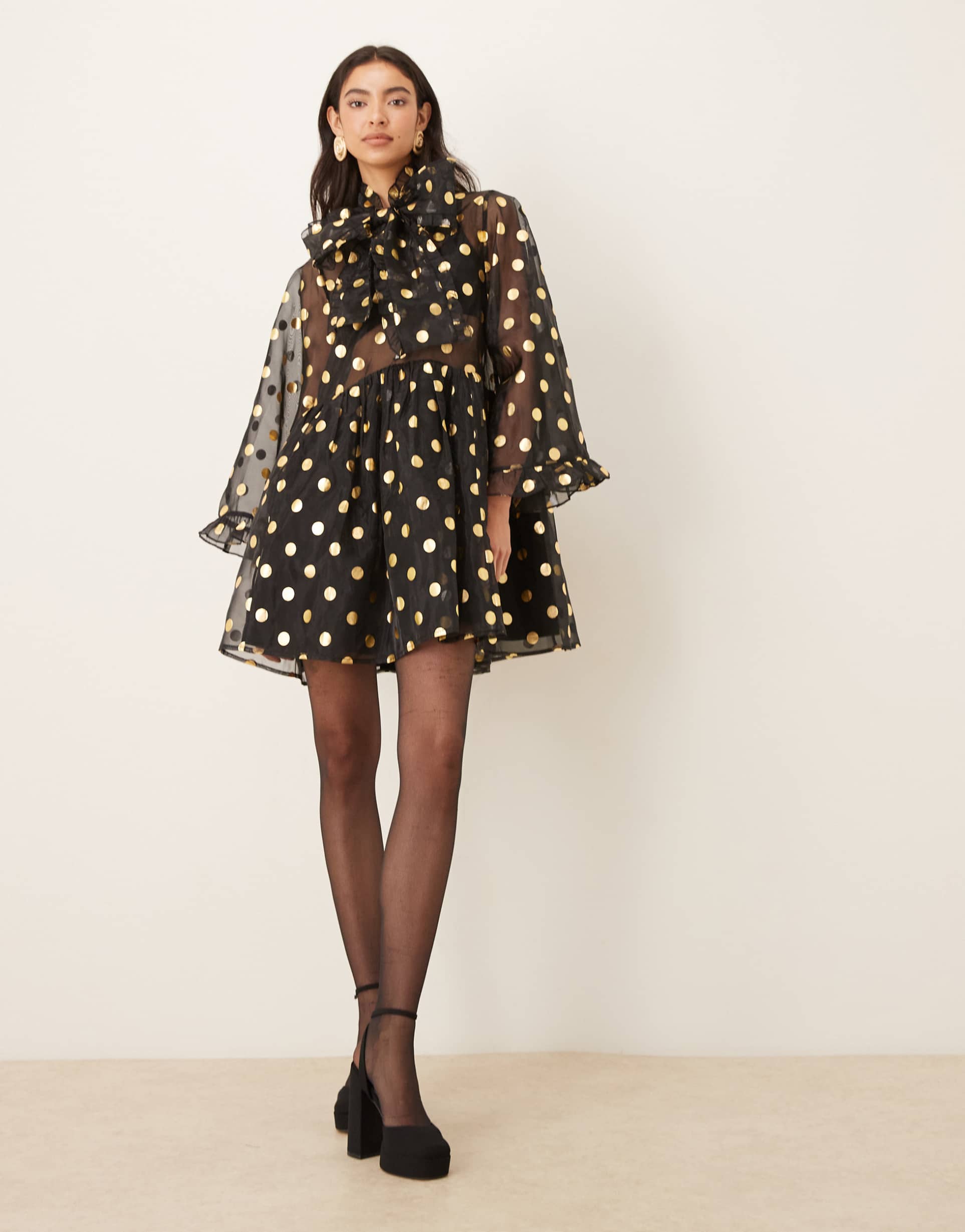 sister jane swing gold polka dots organza mini dress in black