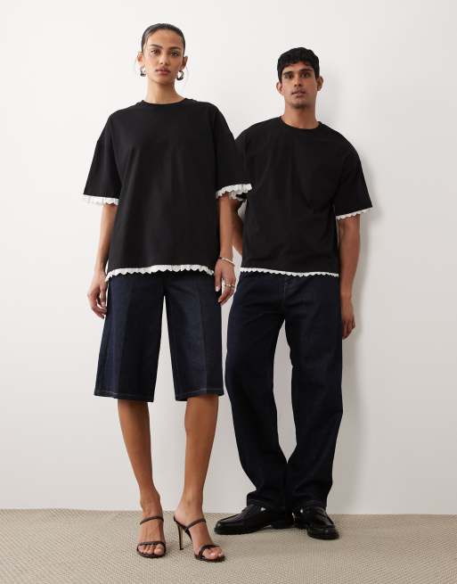 Sister Jane - T-shirt unisex oversize in cotone nera con volant a contrasto, 4 di 4