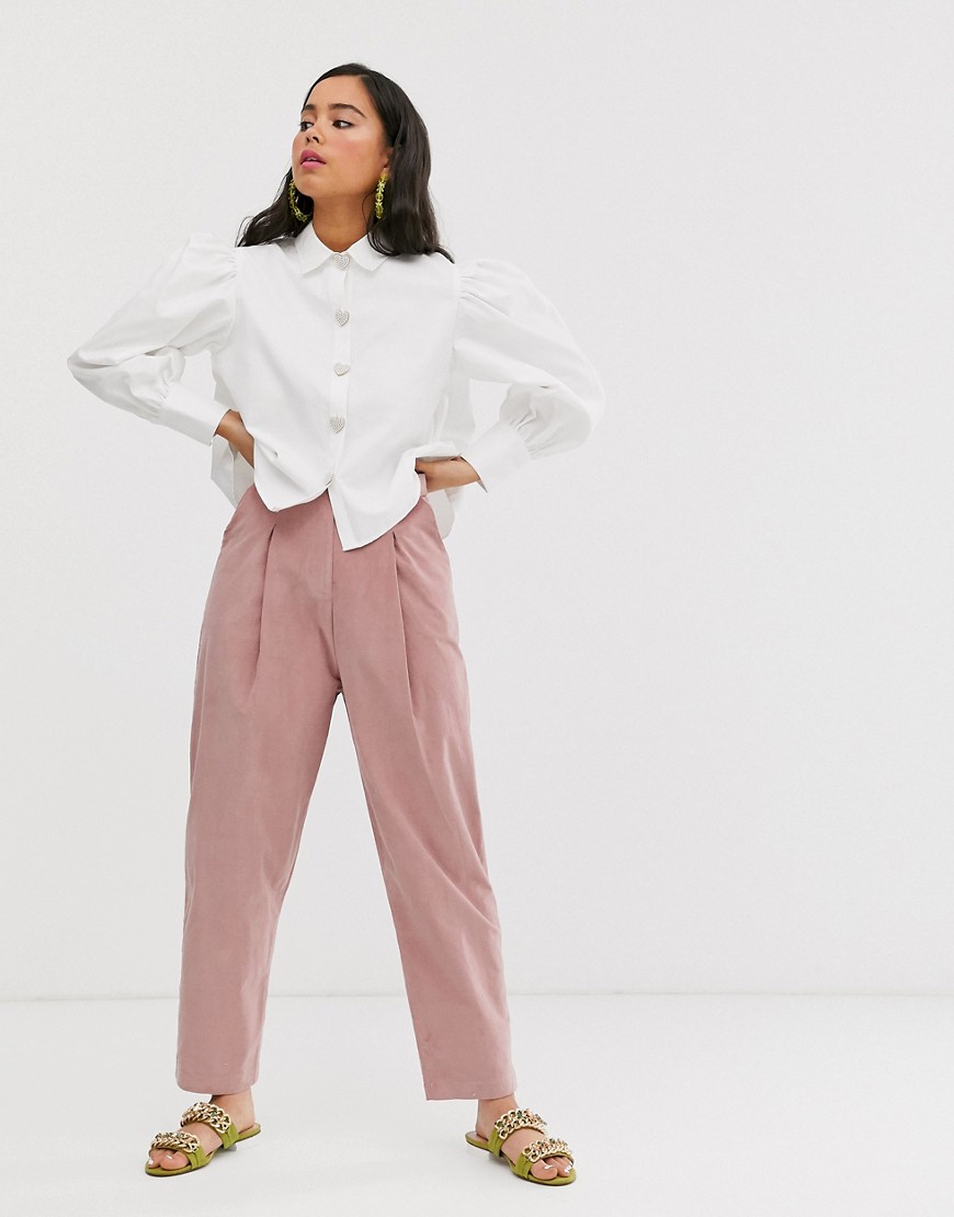 Sister Jane tailored peg trousers with faux pearl button in baby cord-Pink