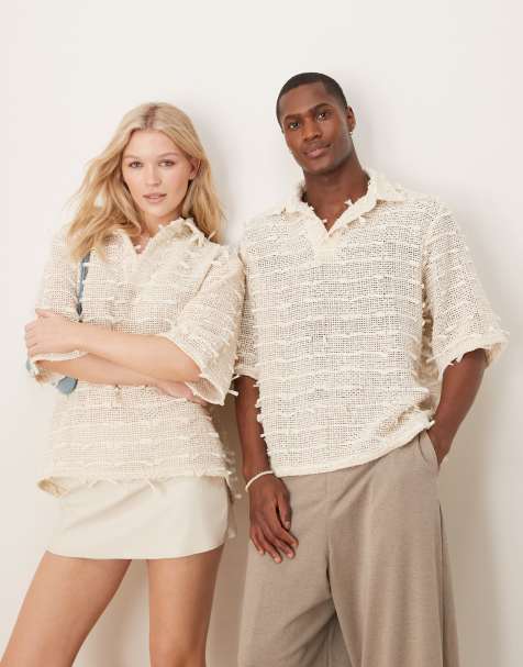 Sister Jane textured crochet polo shirt in ivory - view 1