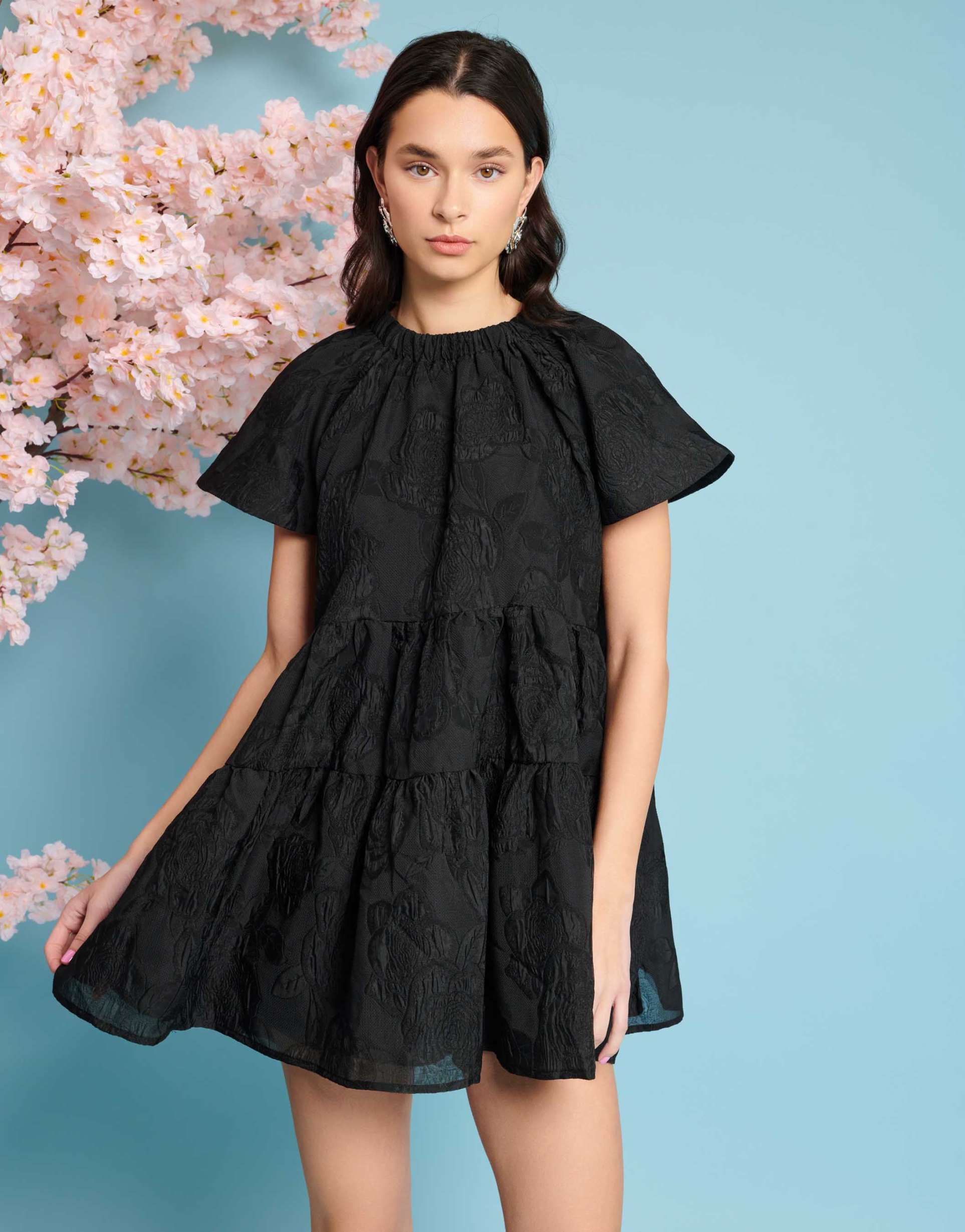 sister jane textured rose jacquard mini dress in black