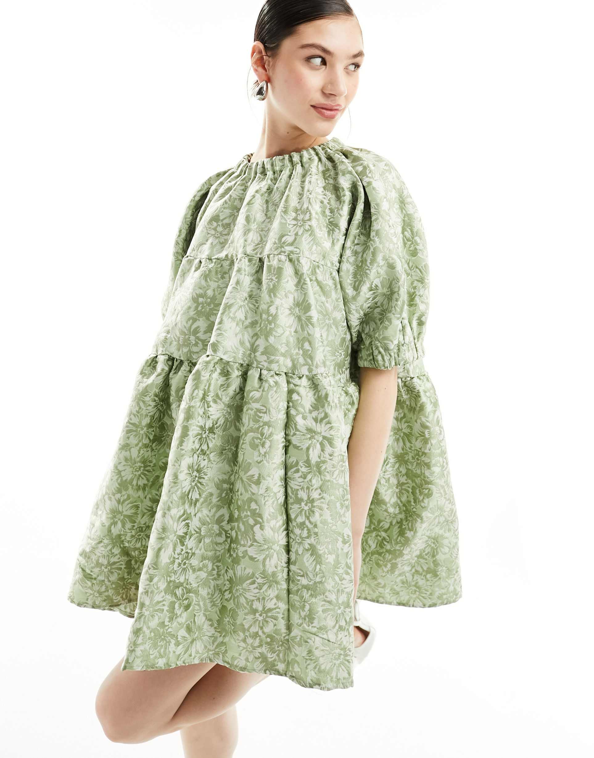 sister jane thimble jacquard mini dress in soft baby green metallic