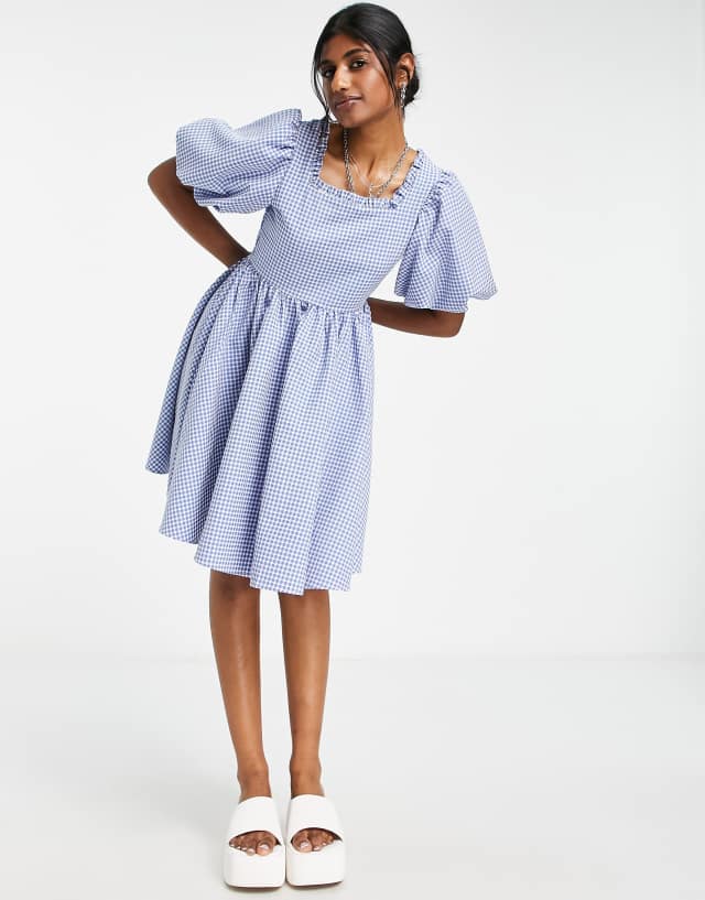 Sister Jane tie back mini smock dress in blue gingham