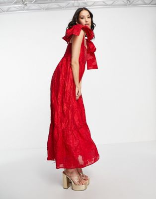 tiered maxi dress in red jacquard with bow straps