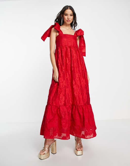 Sister Jane tiered maxi dress in red jacquard with bow straps