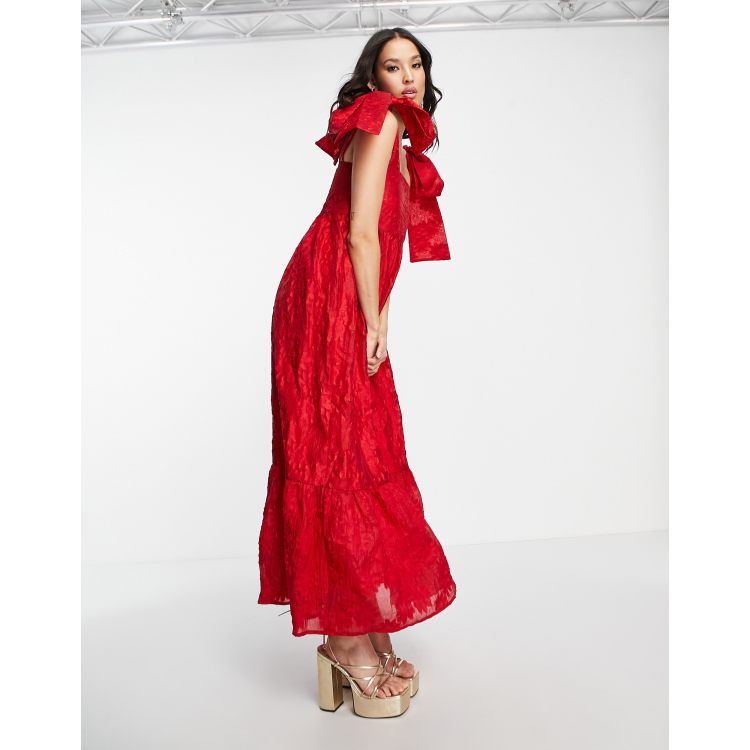 Sister Jane tiered maxi dress in red jacquard with bow straps