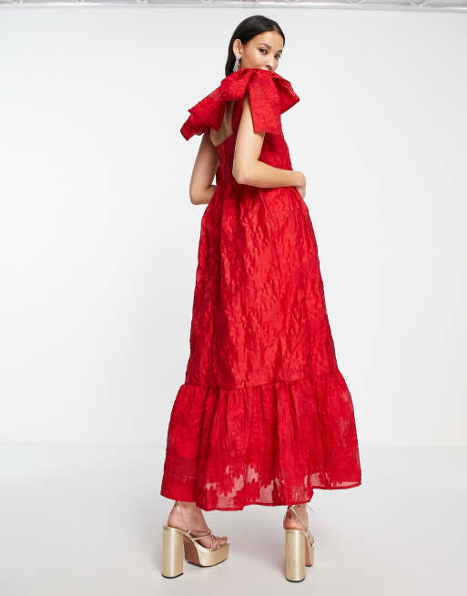 Sister Jane tiered maxi dress in red jacquard with bow straps