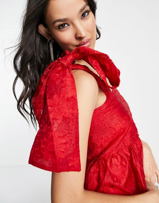 Sister Jane tiered maxi dress in red jacquard with bow straps