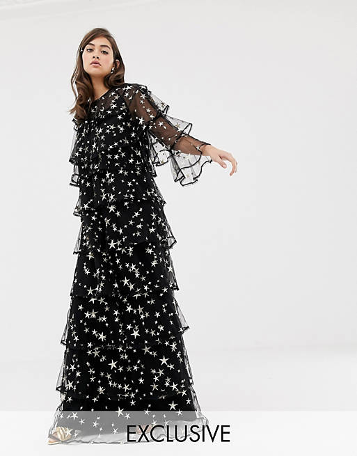 Sister Jane tiered maxi dress in star embroidered mesh