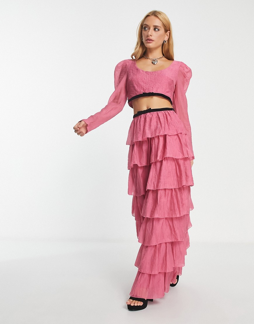 Sister Jane tiered maxi taffeta skirt in pink co-ord