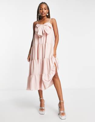 Sister Jane Tiered Midi Cami Dress With With Big Bow In Powder Pink