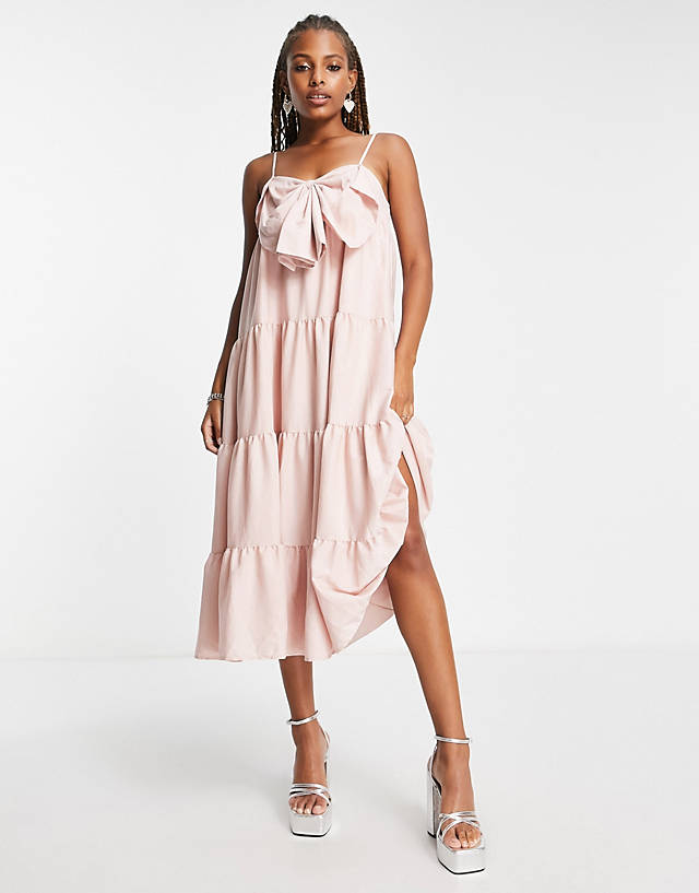 Sister Jane tiered midi cami dress with with big bow in powder pink