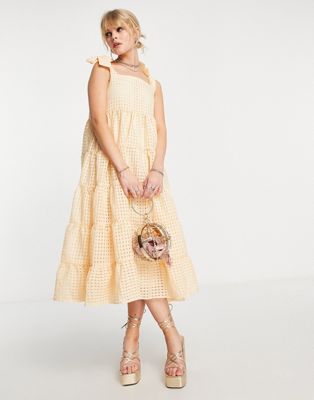 tiered midi dress with tie straps in yellow gingham