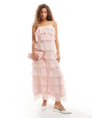 tiered ruffle midaxi dress in pink