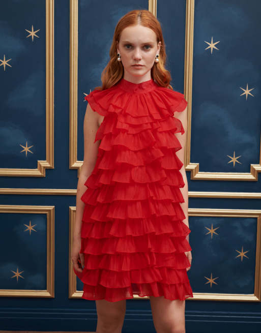 Red ruffle mini dress store