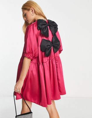Sister Jane tiered satin mini smock dress in hot pink with contrast bows - ASOS Price Checker