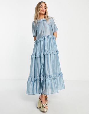Sister Jane tiered smock shirt dress in baby blue - ASOS Price Checker