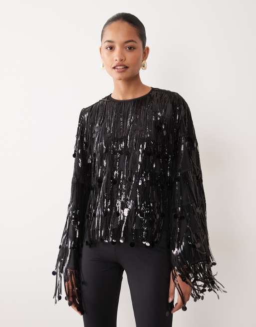 Sister Jane top nero con frange di paillettes e dettaglio con allacciatura sul retro, 1 di 4