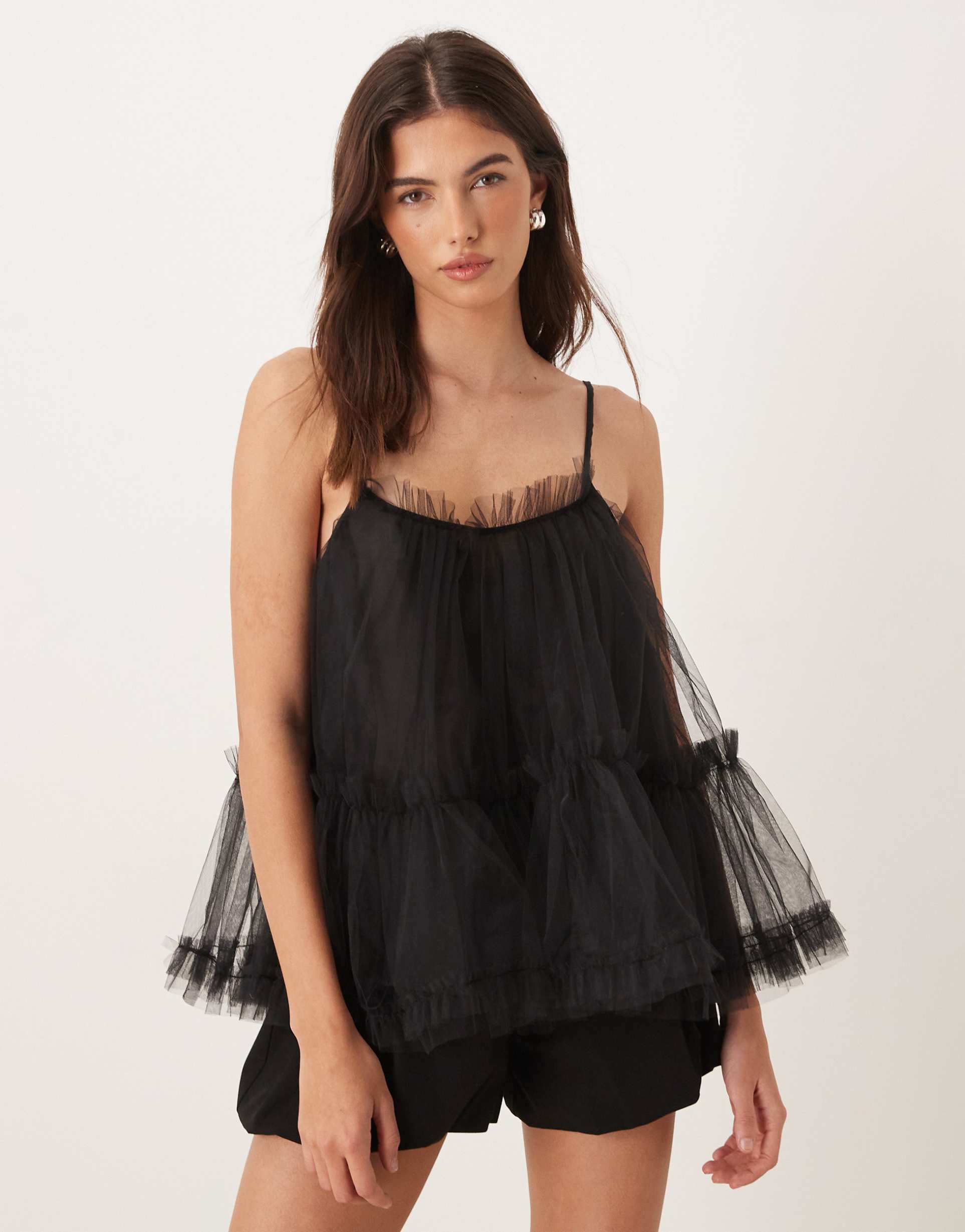 sister jane tulle cami babydoll top in black