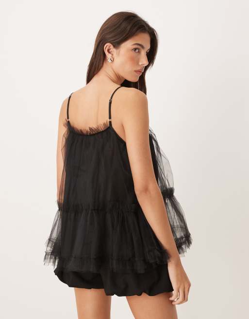 Sister Jane tulle cami babydoll top in black, 2 of 4