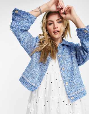 Sister Jane tweed jacket in baby blue with faux pearl buttons coord |  Compare | Grazia