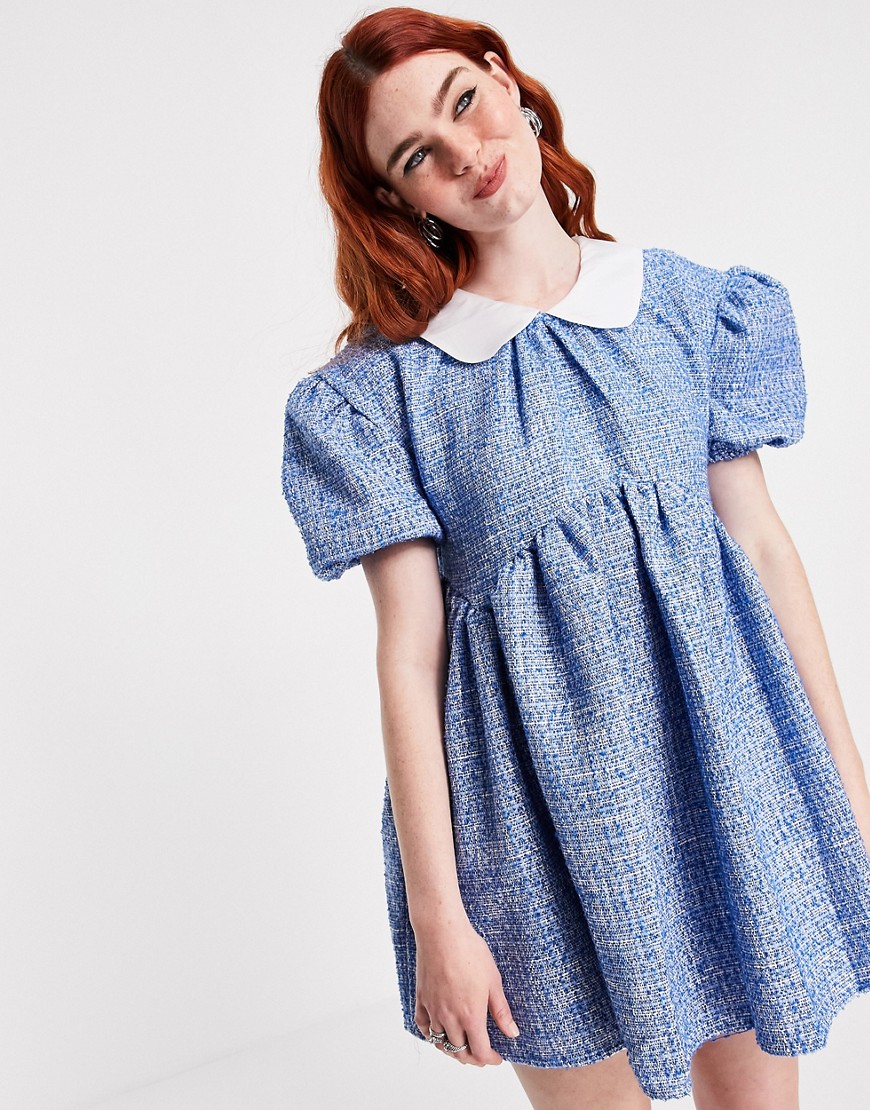 Sister Jane tweed mini dress in baby blue with white peter pan collar-Blues