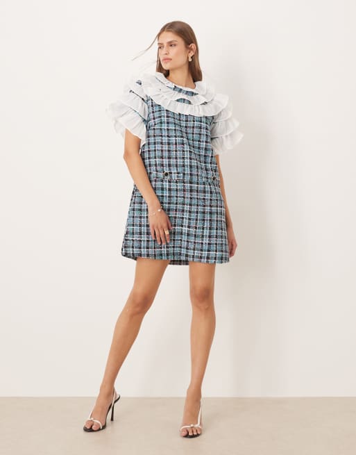 Sister Jane – Tweed-Minikleid in kariertem Blau mit Rüschenoberteil, 2 von 4