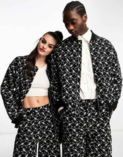 Sister Jane - Uniseks denim bomberjack in zwart met bloemenprint, deel van co-ord set
