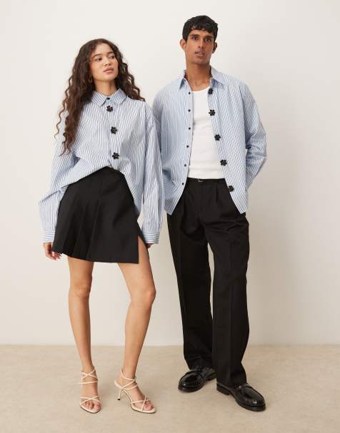 Sister Jane Unisex 3D floral button detail shirt in blue stripe print - view 1