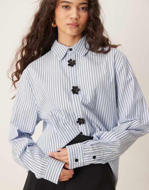 Sister Jane Unisex 3D floral button details shirt in blue