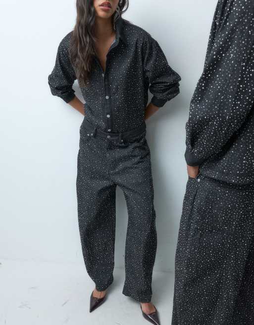 Sister Jane unisex barrel jeans co-ord met versiering in antracietgrijs, 2 van 5